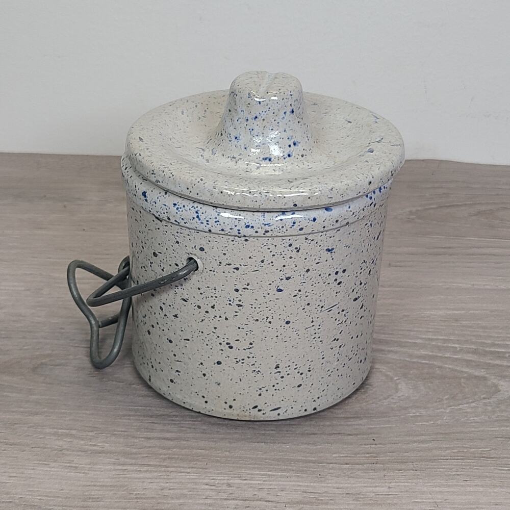 Vintage Gray Speckled Blue Stoneware Cheese Butter Crock Wire Bail Lid